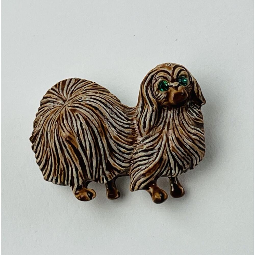 Enamel Dog Brooch Green Rhinestone Vintage Pekinese Shih Tsu Gerrys Signed Brown